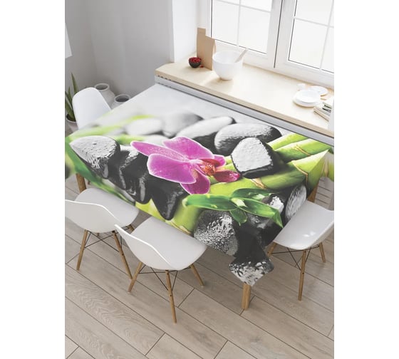 Изображение товара Прямоугольная тканевая скатерть на стол JoyArty с рисунком Орхидея в каменном саду 120 на 145 см tc_91607_120x145