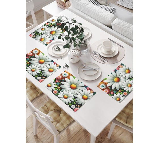 Изображение товара Салфетки на стол для сервировки JoyArty прямоугольные, плейсмат "Дачные ромашки", 32x46 см, в комплекте 4шт. np_sd1953