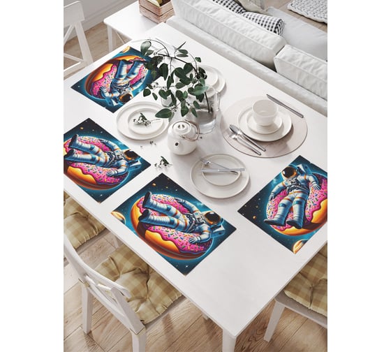 Изображение товара Салфетки на стол для сервировки JoyArty прямоугольные, плейсмат "Астронавт на пончике", 32x46 см, в комплекте 4шт. np_sd1555