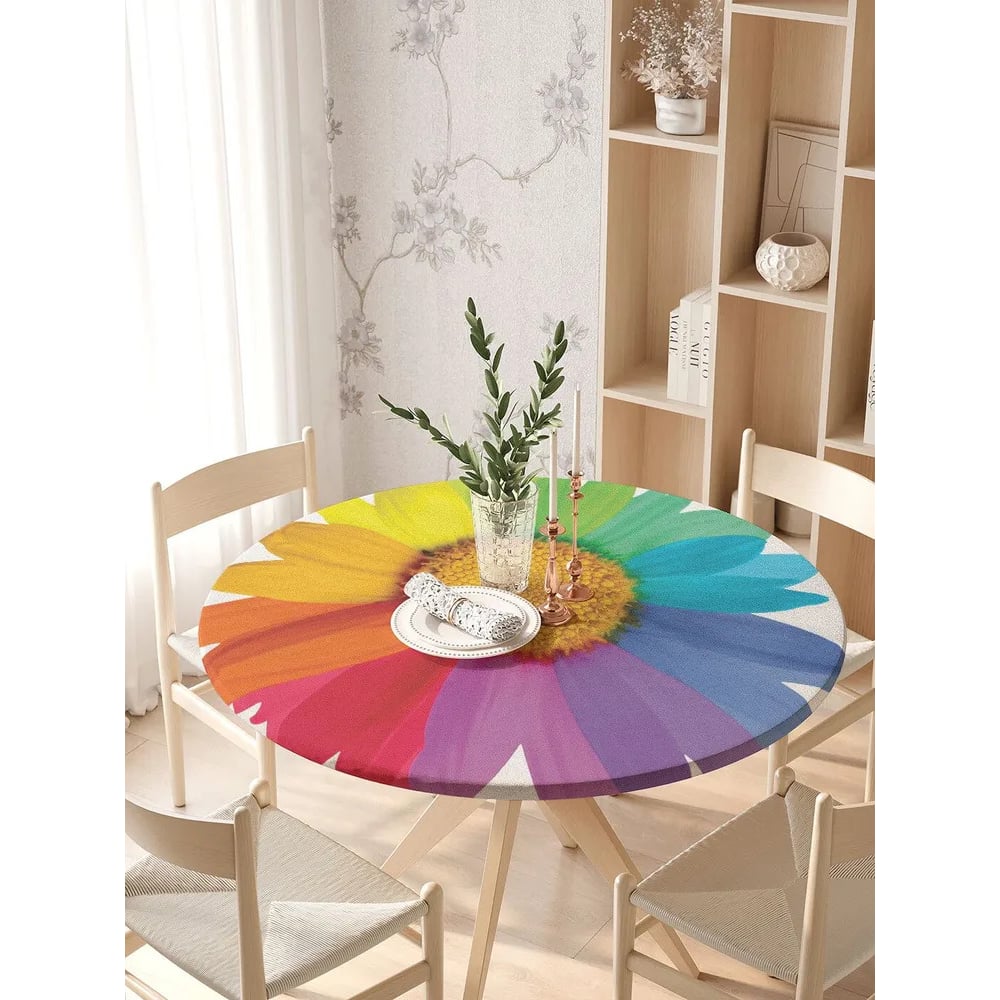 Изображение товара Скатерть JoyArty Радужный цветок круглая на резинке 105-120 см