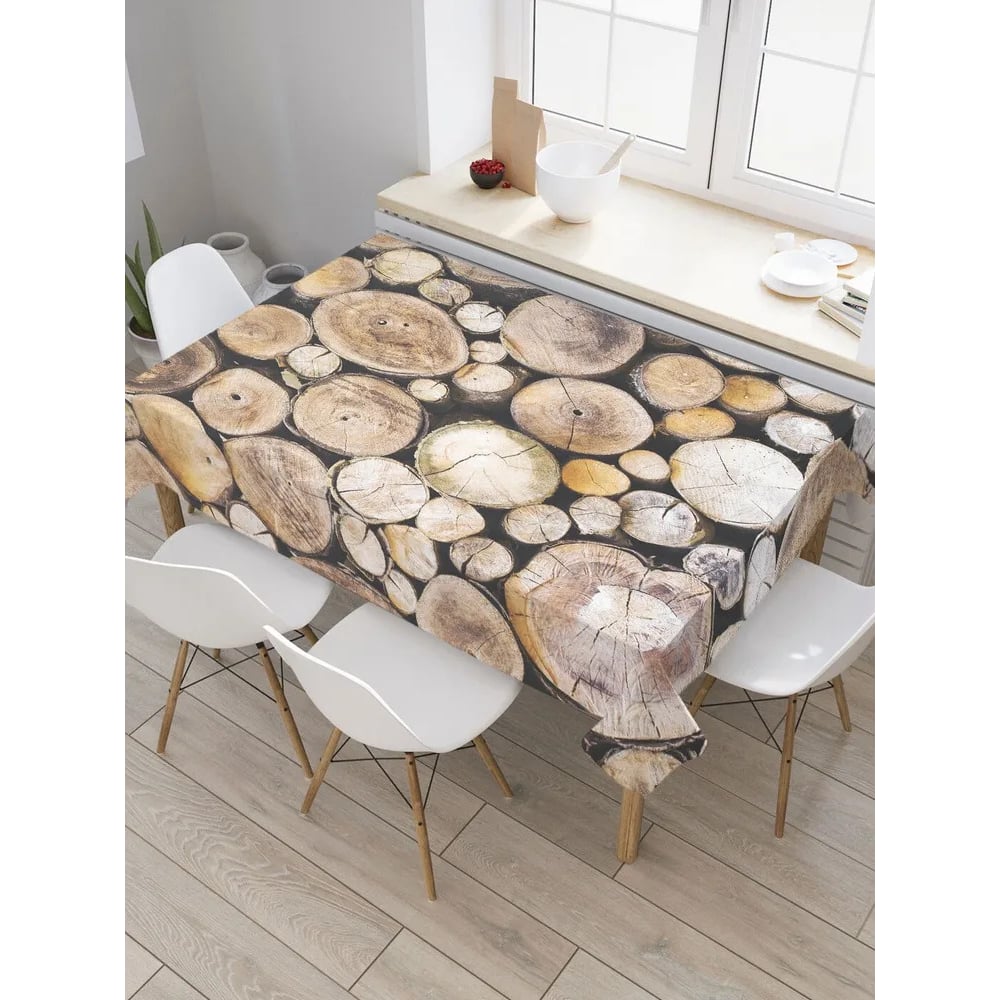 Изображение товара Прямоугольная водоотталкивающая скатерть JoyArty 120x145 см с рисунком деревянных срубов