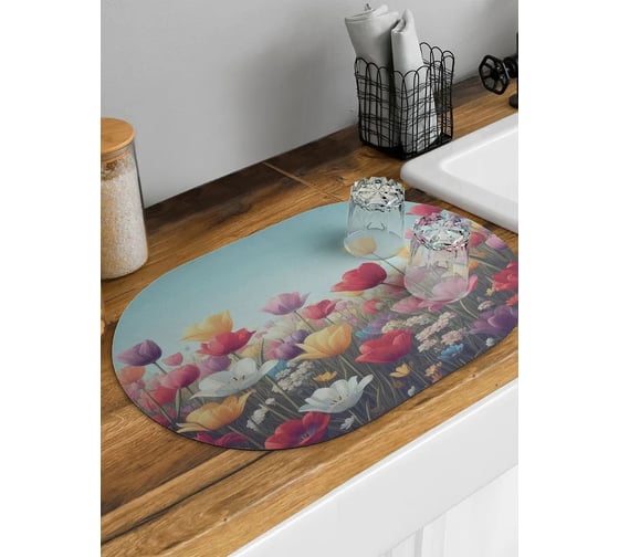 Изображение товара Коврик для сушки посуды JOYARTY "Поле цветов" овальный 58x38, серия 8 марта sbm_430099_58x38