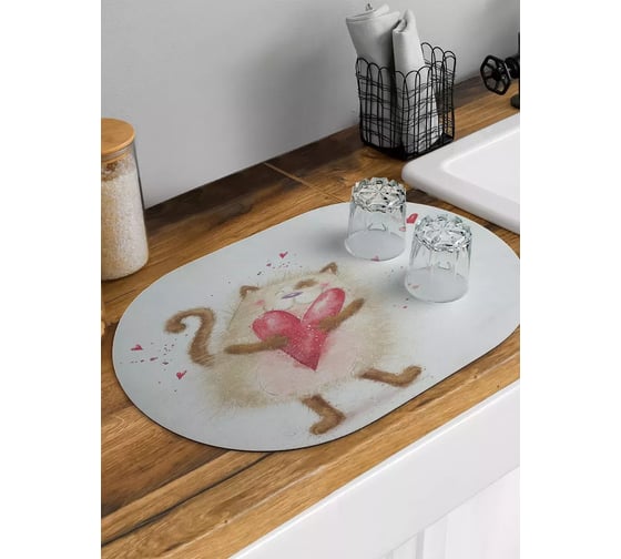 Изображение товара Коврик для сушки посуды, впитывающий для кухни JOYARTY "С любовью от котика" овальный 58x38 см, серия День влюбленных и семьи sbm_91956_58x38