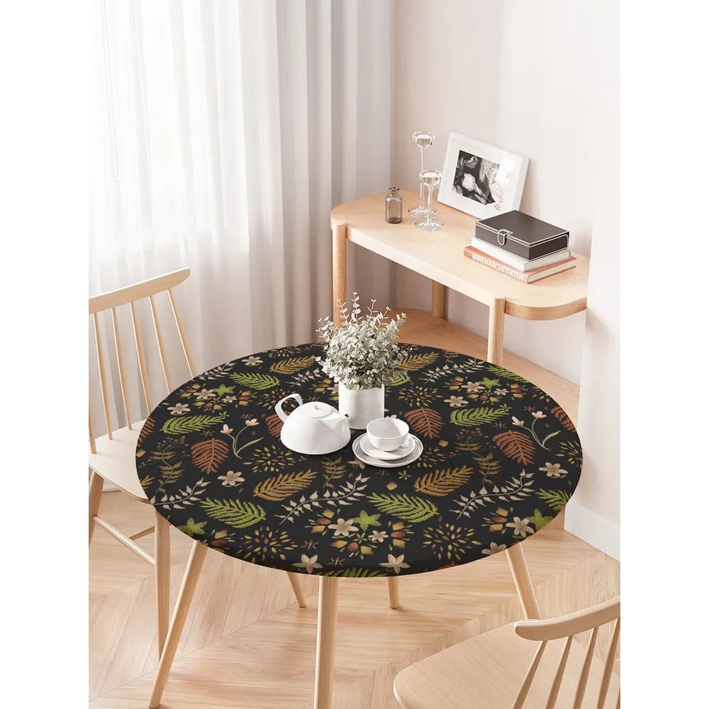 Изображение товара Скатерть JOYARTY Полотно листьев круглая на резинке, диаметр 75-100 см