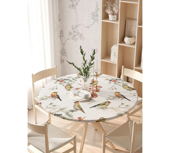 Изображение товара Скатерть на кухонный стол JOYARTY "Зеленые пташки", круглая на резинке, диаметр 105-120 см frtc_30210_140x140