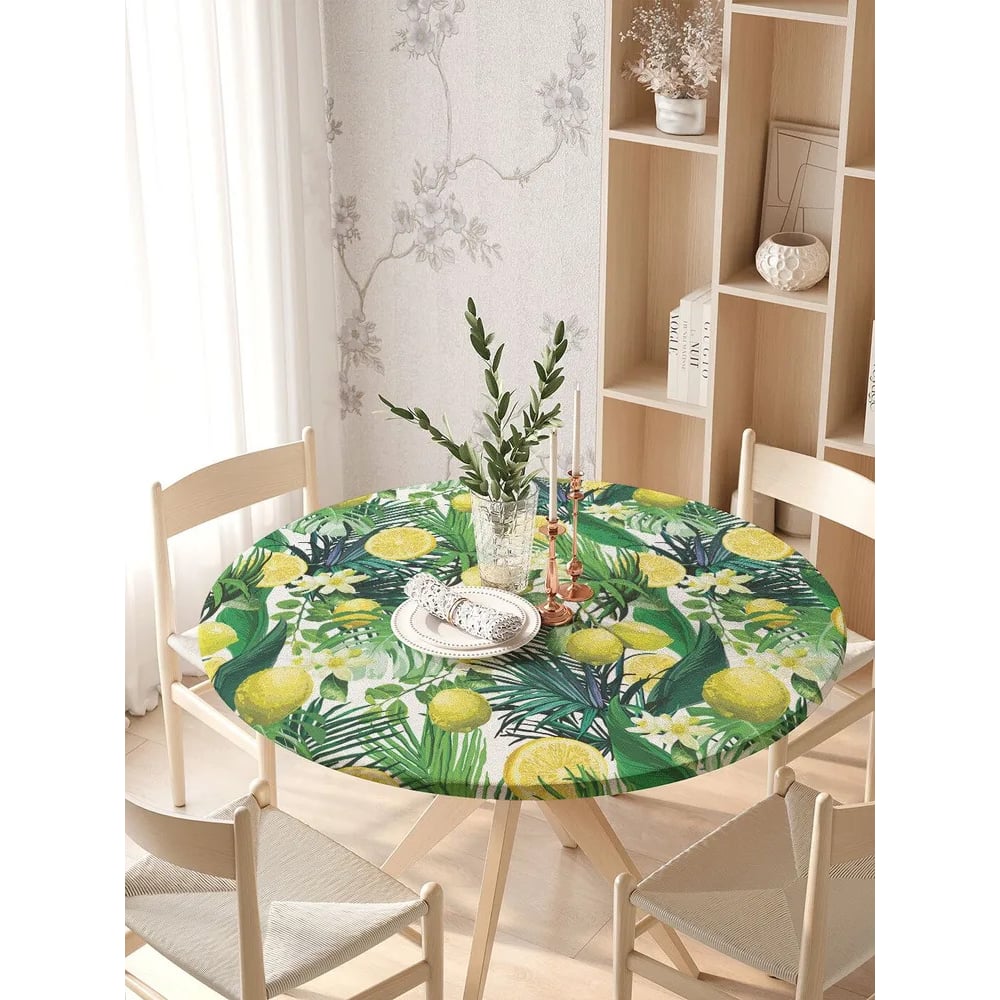 Изображение товара Круглая скатерть на кухонный стол JOYARTY Лимоны и тропики, диаметр 105-120 см