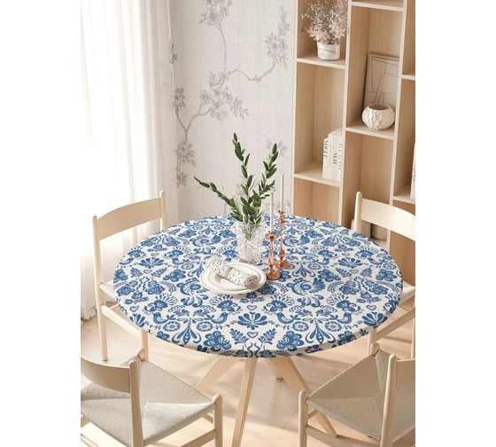 Изображение товара Скатерть на кухонный стол JOYARTY "Птицы из гжели", круглая на резинке, диаметр 105-120 см frtc_419763_140x140