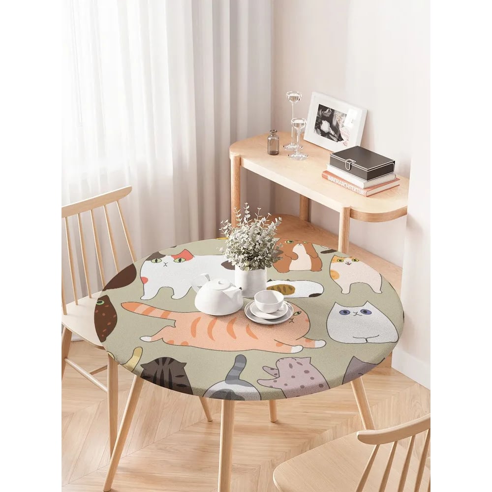 Изображение товара Круглая скатерть на кухонный стол JOYARTY "Котовечеринка" 75-100 см водоотталкивающая