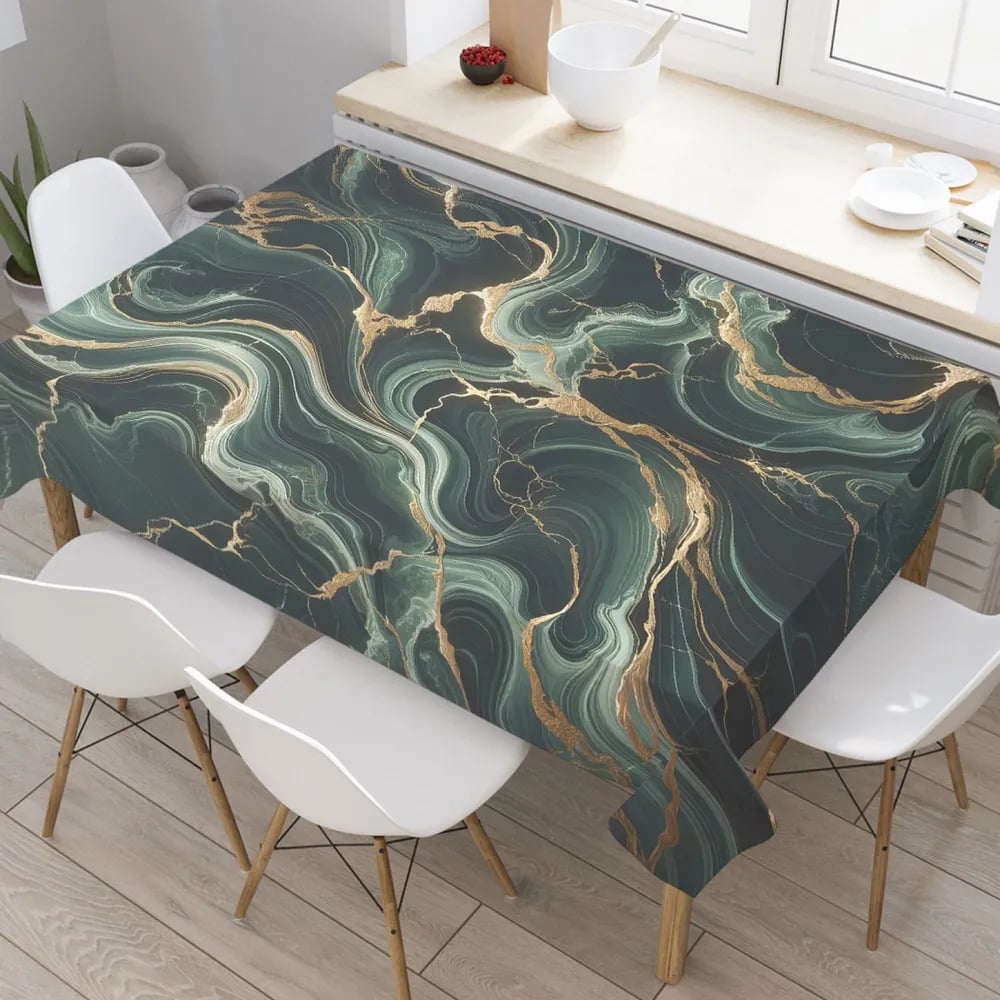 Изображение товара Прямоугольная тканевая скатерть JoyArty Мрамор 120x145 см зеленый и золотой дизайн