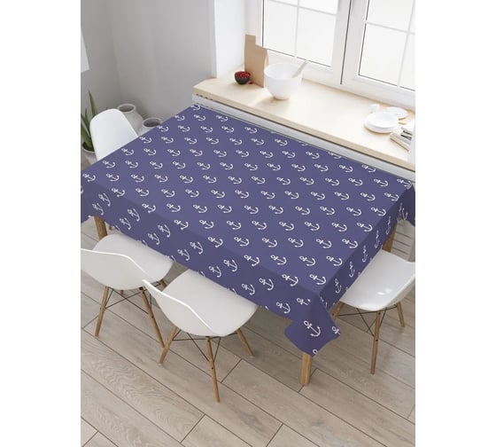 Изображение товара Прямоугольная тканевая скатерть на стол с рисунком JoyArty "Маленькие белые якоря" 145 на 180 см tc_30022_180x145