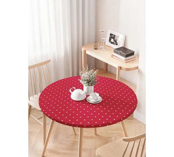 Изображение товара Скатерть на кухонный стол JoyArty "Белый горошек на красном фоне", круглая на резинке, диаметр 75-100 см frtc_378393_120x120
