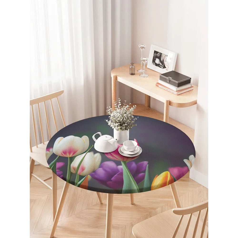 Изображение товара Скатерть круглая JoyArty Весенние тюльпаны диаметр 75-100 см водоотталкивающая