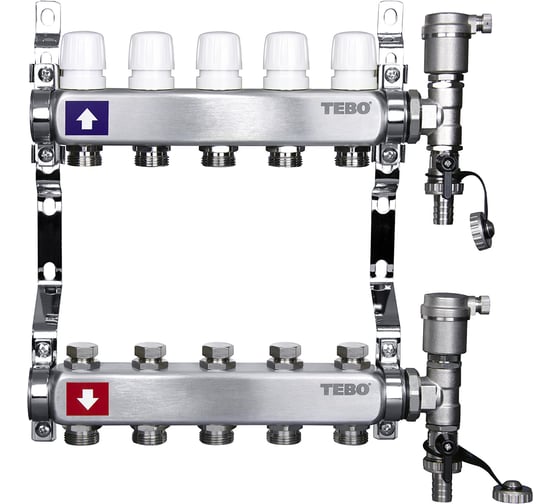 Изображение товара Коллекторная группа для отопления в сборе TEBO из нержавеющей стали, 1"х3/4", 2 выхода T-КГ.200.1.2.34.CN