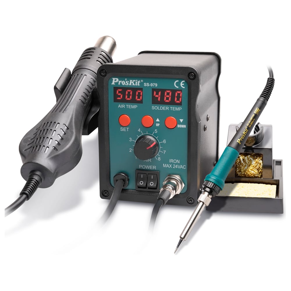 Изображение товара Паяльная станция цифровая двухканальная Pro'sKit SS-979B мощность паяльника 60Вт термофен 700Вт