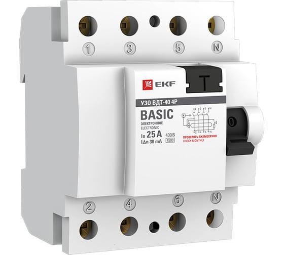 Изображение товара Устройство защитного отключения EKF, УЗО 4P 25А/30мА Basic elcb-4-25-30e-sim