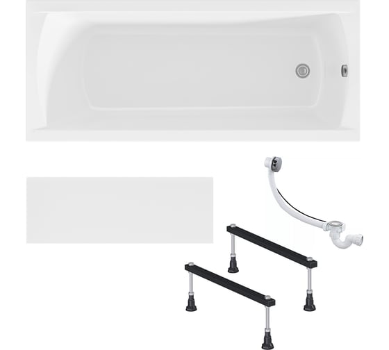 Изображение товара Акриловая ванна 1Marka 150х70 см MODERN в наборе 4 в 1: прямоугольная фронтальная панель, металлические ножки, слив-перелив хром 01мод1570кс1+