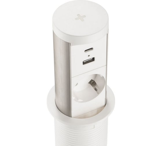 Изображение товара Выдвижная встраиваемая розетка Mebax 105P 1 секции Серебро+Белый Механический d=60мм USB type A+C беспроводная зарядка 00-00002867