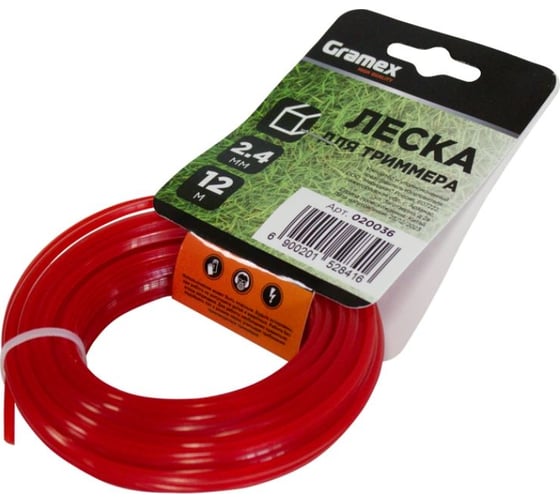 Изображение товара Леска для триммера 2.4 мм, квадрат, красный, 12 м Gramex 020036