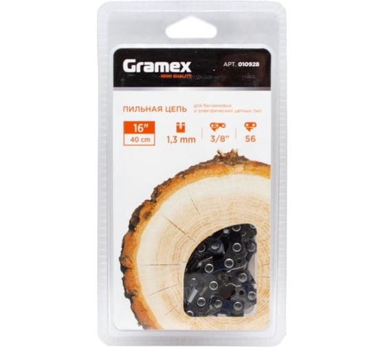Изображение товара Цепь пильная SEMI CHISEL 3/8" LP, 1.3 мм, 56 звеньев, блистер Gramex 010928