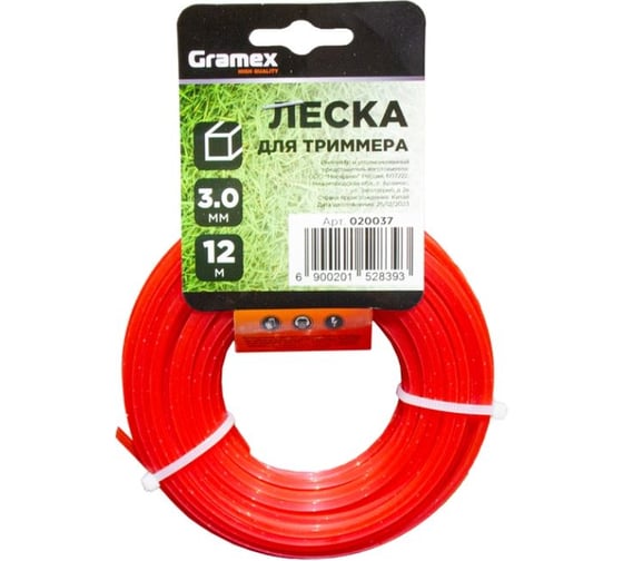 Изображение товара Леска для триммера 3.0 мм, квадрат, красный, 12 м Gramex 020037