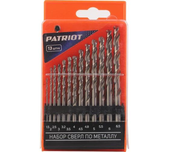 Изображение товара Набор сверл по металлу HSS, 13 шт: 1.5-6.5 мм, в пластиковом боксе Patriot 815010543