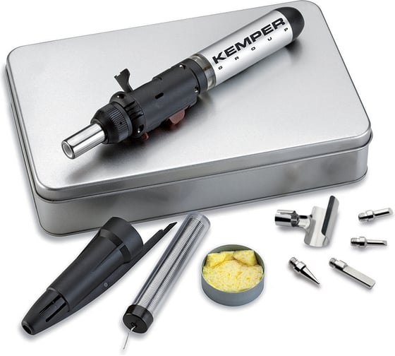 Изображение товара Паяльник газовый (горелка) KEMPER с пьезоподжигом для микропайки в кейсе, 6 насадок 12100KIT