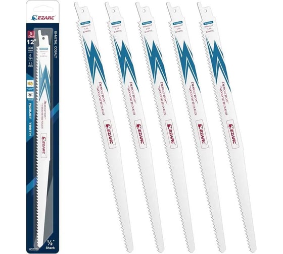 Изображение товара Полотна BiM + кобальт по древесине с гвоздями, металлу и дереву 6TPI, 300 мм для сабельной пилы 5 шт Ezarc 802026