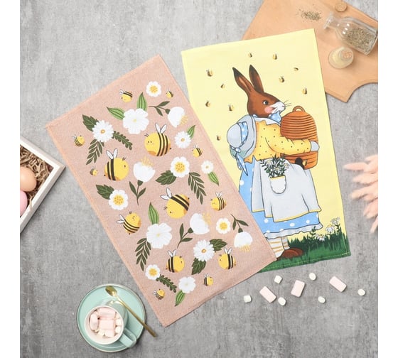 Изображение товара Набор кухонных полотенец Доляна Bee and bunny 2 шт, 28x46 см, рогожка, 100% хл, 160г/м2 10202622