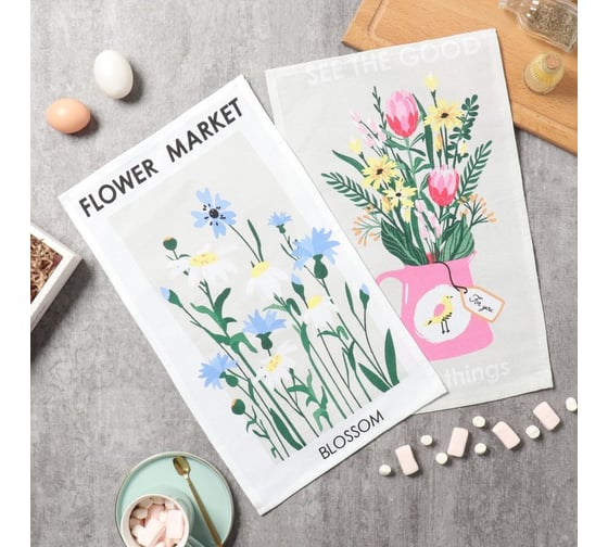 Изображение товара Набор кухонных полотенец Доляна Букет 2 шт, 28x46 см, рогожка, 100% хл, 160г/м2 10202612