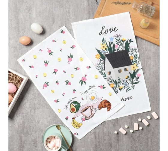 Изображение товара Набор кухонных полотенец Доляна Love 2 шт, 28x46 см, рогожка, 100% хл, 160г/м2 10202624