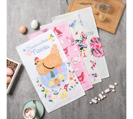 Изображение товара Набор кухонных полотенец Доляна Счастливой пасхи 4 шт, 28x46 см, рогожка, 100% хл, 160г/м2 10202613