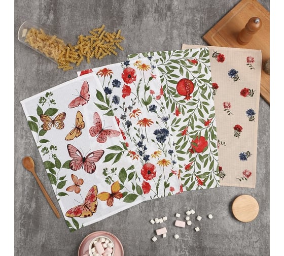 Изображение товара Набор полотенец Доляна Луговые цветы 28x46 см - 4 шт, 100% хл, вафля 160 г/м2 9485534