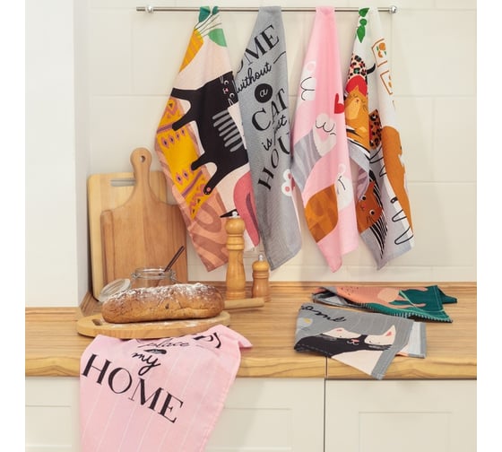 Изображение товара Набор кухонных полотенец Доляна Сats 35x60см-7шт, 100% хл 6853367