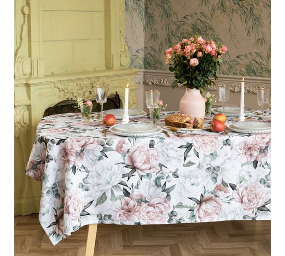 Изображение товара Скатерть Доляна Пионы 145х215 +/- 3 см, 100% п/э 10487793