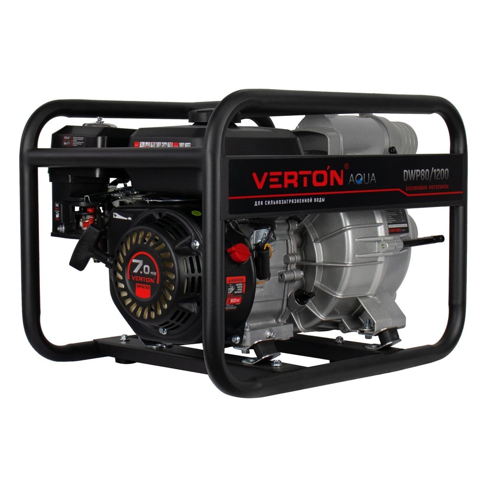 Мотопомпа для сильнозагрязненной воды VERTON DWP 80/1200, 7л.с/212см3,80мм/3", 1200л/мин, 72м3/ч, h8м/26, d30мм 01.17548.17554