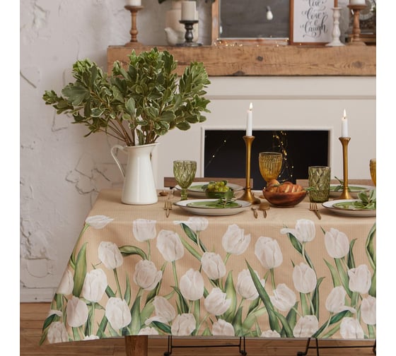 Изображение товара Скатерть Этель Белые тюльпаны 149x180см, 100% хл, саржа 190 г/м2 5376679
