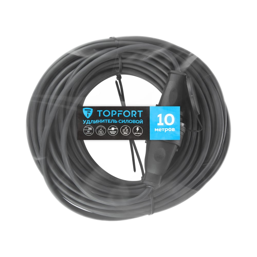 Изображение товара Удлинитель Topfort КГ 2x2,5 кв.мм 10м 16А IP44 защитная крышка надежность