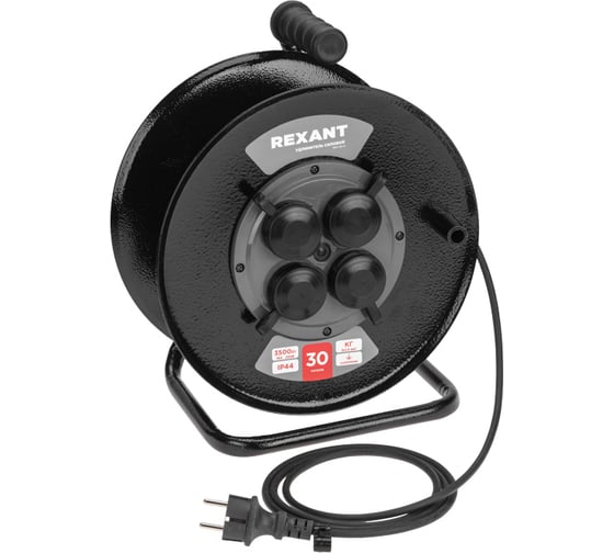 Изображение товара Силовой удлинитель REXANT КГ на катушке, 4 гнезда, с/з, 30м, 3x1,5мм2, IP44, металлическая катушка 13-5011