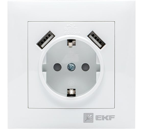 Изображение товара 1-местная розетка EKF Валенсия, с заземлением, 16А, белая, с защитными шторками, с 2 USB, 2,1А PROxima EWR16-028-10-2USB