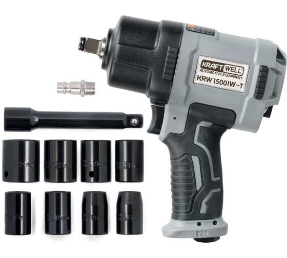 Изображение товара Пневматический ударный гайковерт с комплектом ударных головок KraftWell 1/2", 1500 Нм KRW1500IW-T