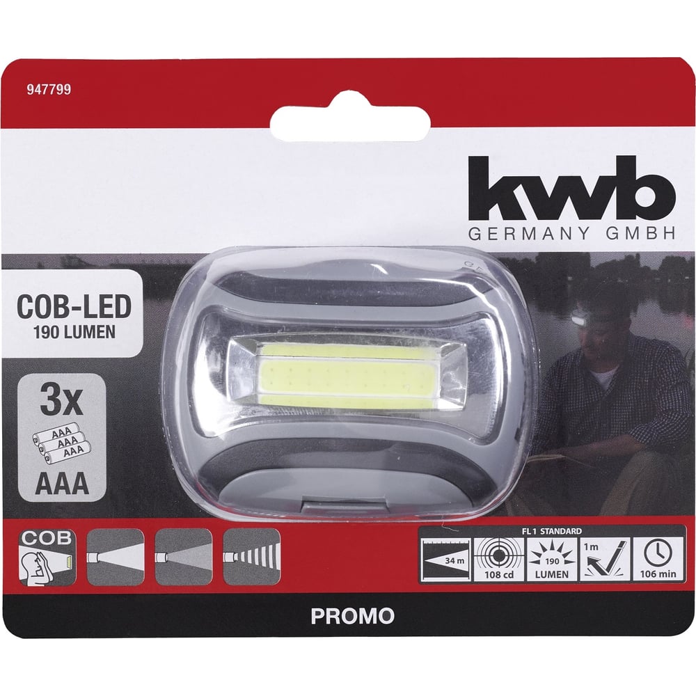 фото Налобный фонарь kwb cob-led, 3xaaa 947799