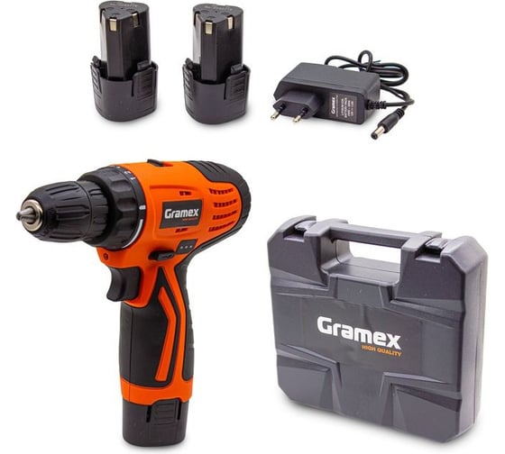 Изображение товара Дрель аккумуляторная Gramex HCD-12-2 (12В, пат-10мм, 2 скорости, аккум Li-Ion 2,0 А/ч) кейс, 2 акк (1/10) 018143