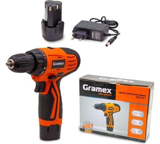 Изображение товара Дрель аккумуляторная Gramex HCD-12-1 (12В, пат-10мм, 2 скорости, аккум Li-Ion 2,0 А/ч) картон, 1 акк (1/20) 018142