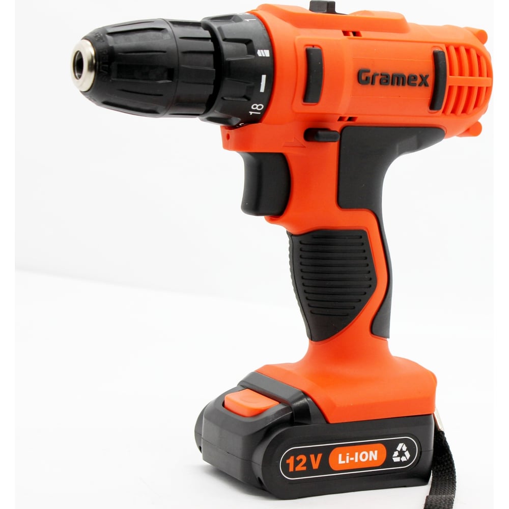 Изображение товара Дрель аккумуляторная Gramex HCD-12-1L (12В,пат-10мм, 2 скорости, аккум. Li, 1.5А/ч) картон, 1 акк (1/10) 014695