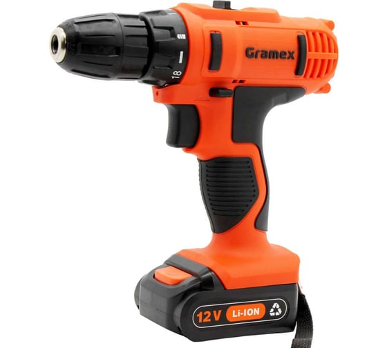 Изображение товара Дрель аккумуляторная Gramex HCD-12-1L (12В,пат-10мм, 2 скорости, аккум. Li, 1.5А/ч) картон, 1 акк (1/10) 014695