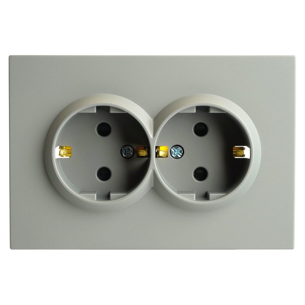 Изображение товара Розетка 2-местная STEKKER с защитной шторкой, с/з, 250В, 16А, серия Эмили, RST16-5114-10, платиново-серый, soft touch, 49960