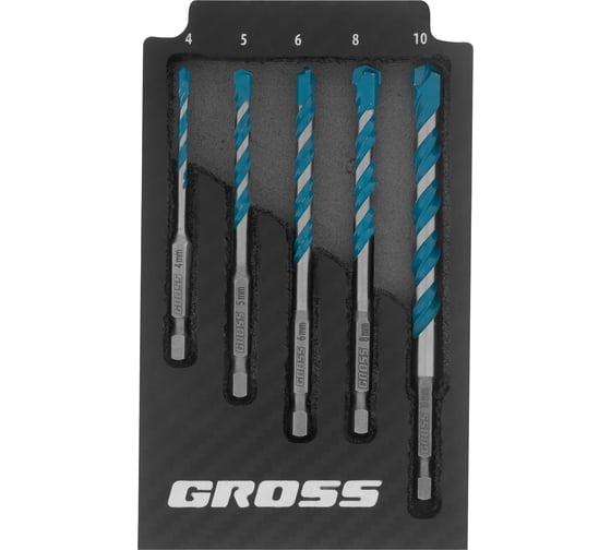 Изображение товара Набор сверл универсальных, Multipurpose PRO, 6-гр. хвостовик, 4-10 мм, 5 шт GROSS 706017