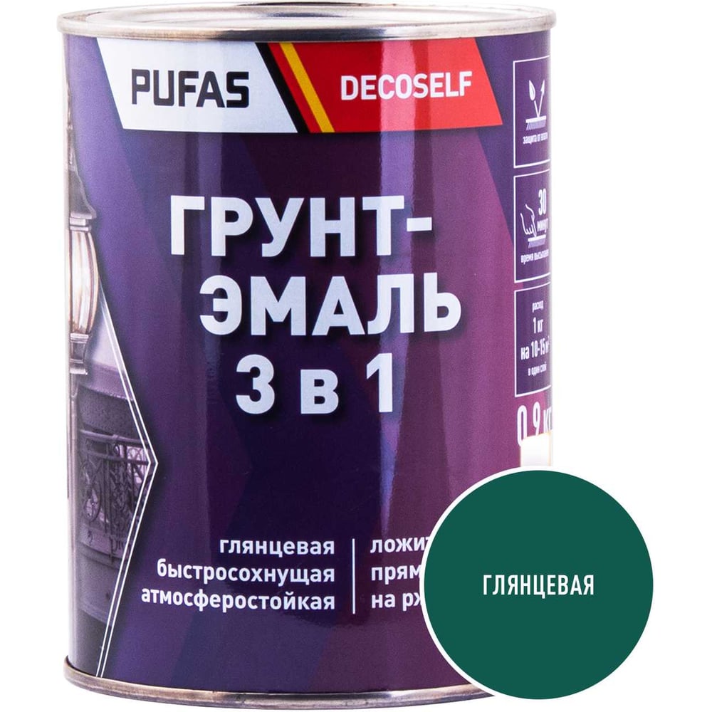 Изображение товара Грунт-эмаль Pufas 3 в 1 зеленая глянц. Decoself 0,9кг тов-200088 Изображение товара Грунт-эмаль Pufas 3 в 1 зеленая глянц. Decoself 0,9кг тов-200088