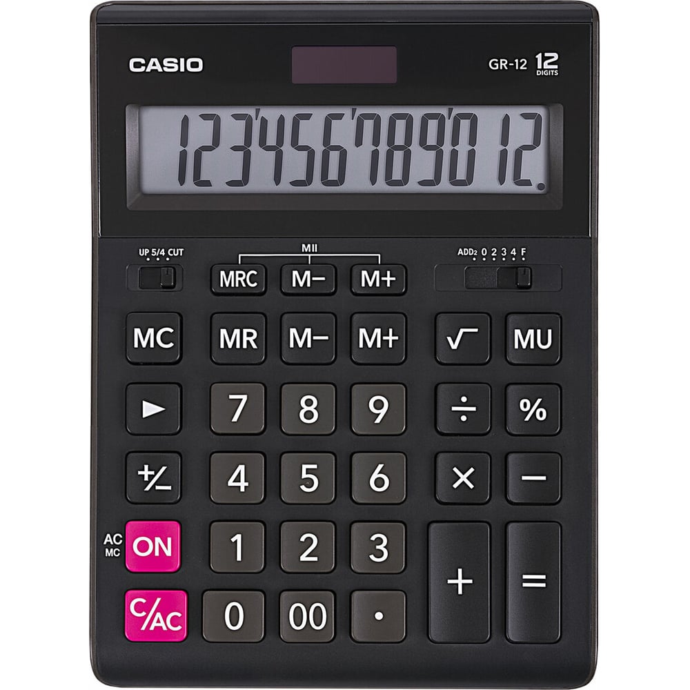 Изображение товара Настольный калькулятор CASIO GR-12-W с 12 разрядами, двойное питание, черный цвет