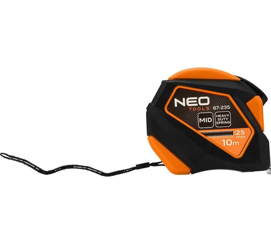 Изображение товара Стальная рулетка NEO TOOLS 10 м, 25 мм, автоблокировка, кнопка остановки, магнит 67-235